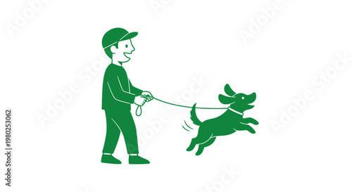 Happy person walking playful dog on leash outdoors
