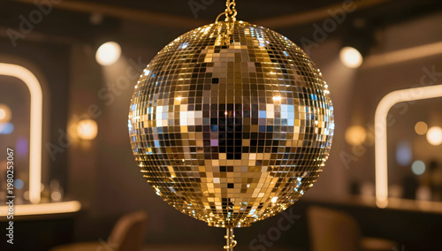 Golden Disco Ball Hanging in Nightclub with Warm Lights and Reflections