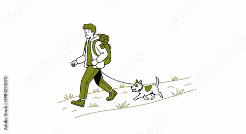 Hiker with backpack walks dog on leash in nature