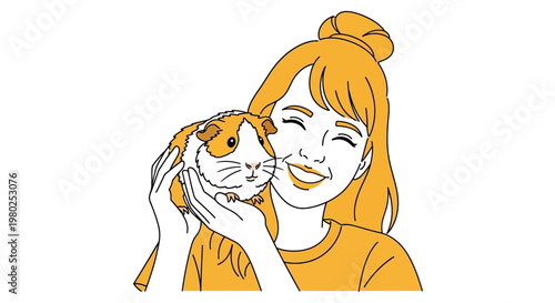 Happy young woman holding pet guinea pig illustration