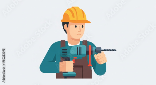 Construction worker using electric drill wearing safety gear.