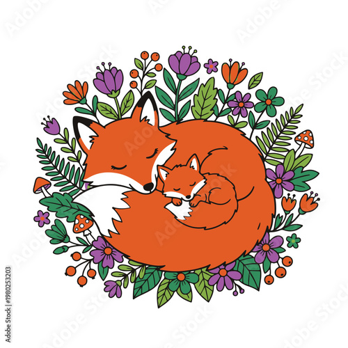 Mother's day illustration of a mother fox and her cub sleeping together surrounded by flowers.