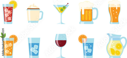 Beverage Drinks Icon Set with Cocktail Coffee Beer Wine Juice and Refreshing Cold and Hot Drink Collection Illustration