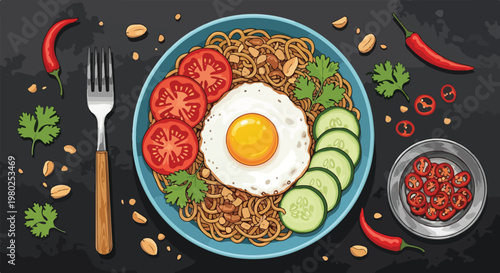Delicious bowl of instant noodles with fried egg and pork belly, a savory mie dish