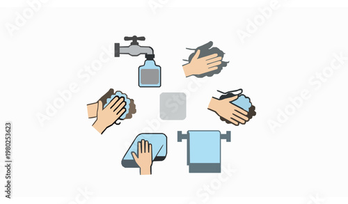Circular Hand Hygiene Icons Collection with Washing Steps Soap Water and Safety Symbols Vector