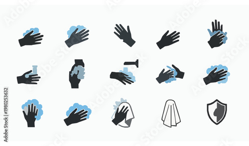 Hand Washing Icon Set Grid with Soap Foam Rinse Faucet and Hygiene Protection Symbols Vector