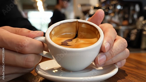 Wallpaper Mural Person holding espresso cup on wooden table in a cafe Torontodigital.ca