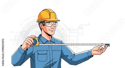 Construction worker measuring with tape wearing safety helmet.
