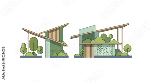 Modern Sustainable Architecture Illustration - Eco-Friendly Green Building Design with Minimalist Tree Landscaping on White Background