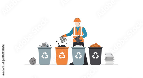 Sanitation Worker Sorting Waste into Recycling Bins Flat Vector Illustration. Environmental Sustainability and Waste Management Concept.