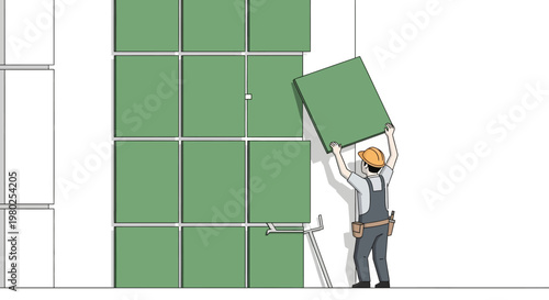 Professional Construction Worker Installing Green Wall Tiles Illustration - Home Renovation and Interior Design Concept