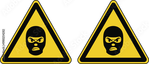 Criminal warning sign icon illustration, ski mask artwork, danger symbol design, caution graphic emblem, security alert, threat silhouette