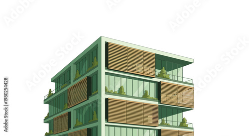 Modern Eco-Friendly Building Illustration with Green Balconies and Wooden Shutters on White Background