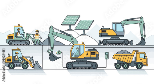 Sustainable Construction Site Illustration with Electric Heavy Machinery, Solar Panels, and Eco-Friendly Earthmoving Equipment for Green Energy Infrastructure Projects