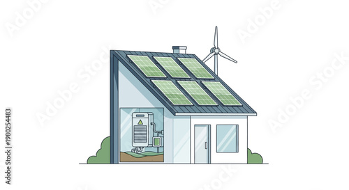 Modern Eco-Friendly House Illustration with Solar Panels, Wind Turbine, and Geothermal Energy System for Sustainable Living and Green Architecture Concepts