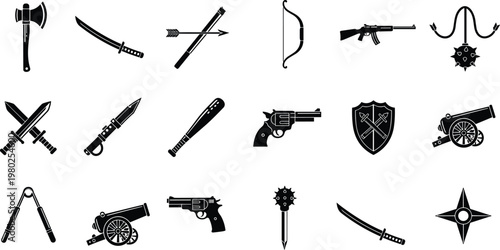 Weapon combat icon silhouette illustration, katana sword artwork, rifle design, shield graphic, axe emblem, bow arrow, shuriken