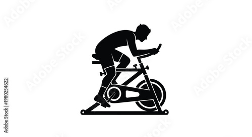 A stark silhouette depicts a cyclist intensely riding an indoor exercise bike focused on fitness