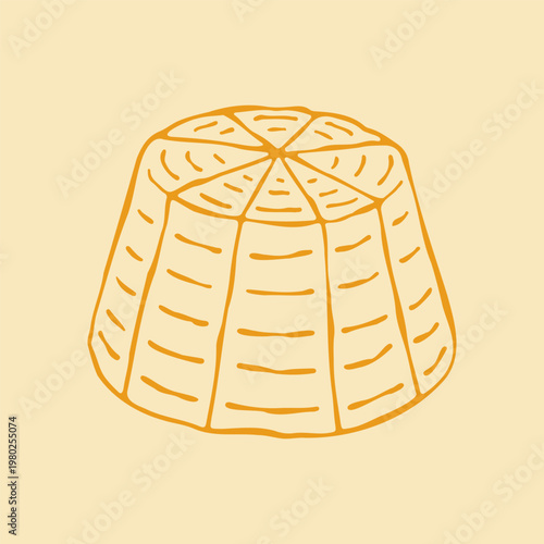 Vector illustration of a whole ricotta cheese in a traditional ribbed mold shape. Unique doodle graphic of fresh Italian dairy product for farm market or Mediterranean cuisine design