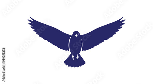 Dark Blue Bird in Flight Spread Wings.