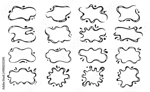 Liquid shapes icon sign set. Symbol fluid puddles, wavy stains splashes oil drops blobs. Bubble watery background for text. Smooth blotches soft uneven spills drips abstract shapes frames design