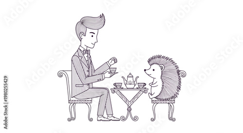 Gentleman and hedgehog enjoying tea party illustration