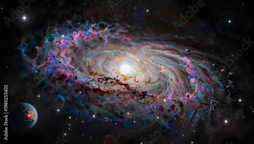 Abstract Spiral Galaxy Nebula with Glowing Core and Distant Planets
