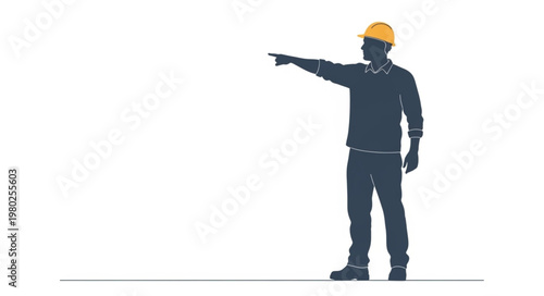 Construction Worker In Safety Helmet Pointing Direction.