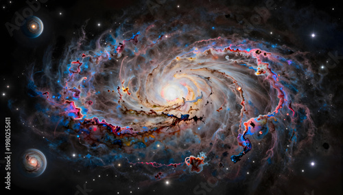 Abstract Spiral Galaxy Nebula with Glowing Core and Distant Planets
