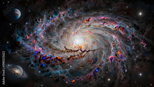 Abstract Spiral Galaxy Nebula with Glowing Core and Distant Planets