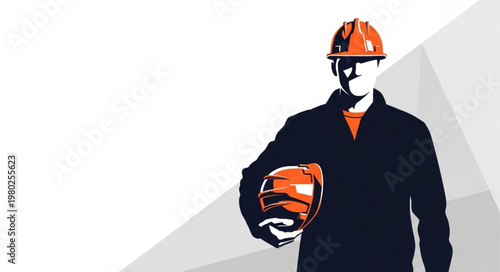Construction worker in safety helmet holding helmet.