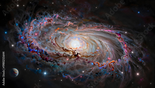Abstract Spiral Galaxy Nebula with Glowing Core and Distant Planets