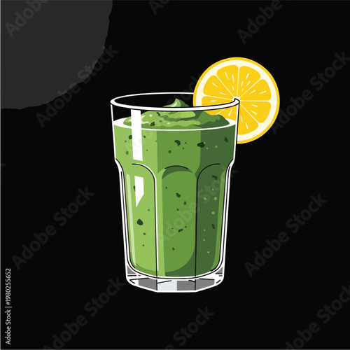 Pixel Art Green Smoothie With Lemon Slice Isolated On Black Background