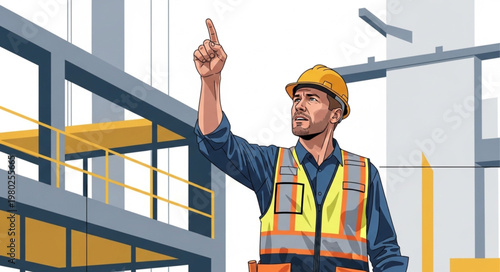 Construction Worker in Safety Gear Pointing Forward.