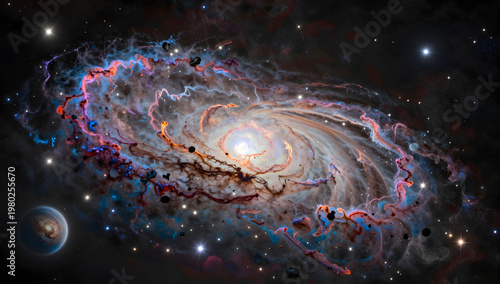 Abstract Spiral Galaxy Nebula with Glowing Core and Distant Planets