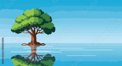 Pixel Art Green Tree Reflecting In Blue Water Landscape Illustration