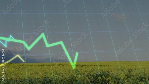 Translucent grid appearing over farm field, neon green graph moving, rising, showing crop trends