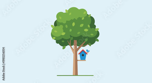 Pixel Art Green Tree With Blue Birdhouse Isolated Object Illustration