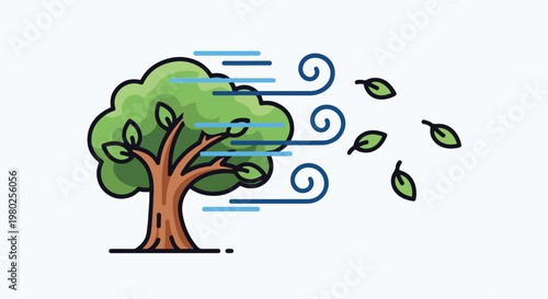 Pixel Art Green Tree With Blowing Wind And Falling Leaves Isolated Object