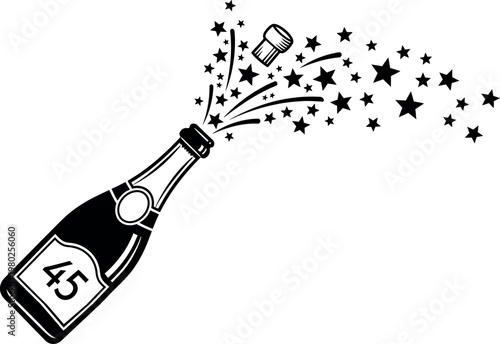 Celebratory champagne bottle silhouette isolated on transparent background with sparkling stars