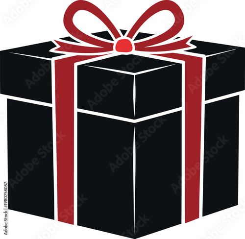 Black gift box with red ribbon silhouette isolated on transparent background