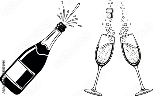 Celebratory champagne silhouette bottle and glasses isolated on a transparent background