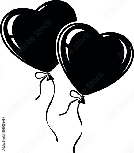 Black heart balloons silhouette isolated on transparent background valentine's day decor