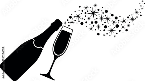 Champagne bottle and glass silhouette sparkling celebration isolated on transparent background