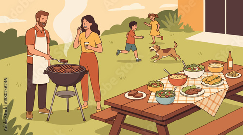 Outdoor Family Barbecue Scene with Kids Playing and Parents Grilling