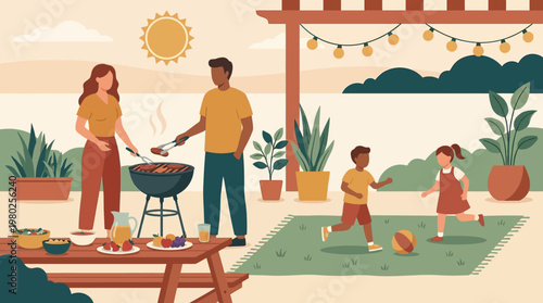 Family Summer BBQ Gathering with Picnic Table and Food Flat Vector