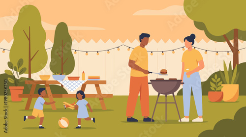 Backyard Family BBQ Scene with Parents Cooking and Children Playing