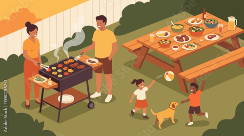 Modern Family BBQ Party with Grill Food and Outdoor Lifestyle Illustration