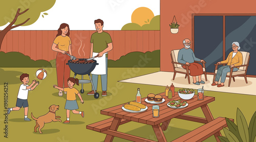 Warm Family BBQ Party in Backyard with Relaxed Lifestyle Illustration