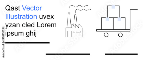 Supply chain, manufacturing, logistics, industrial processes, production, distribution. A factory emits smoke, and stacked boxes sit on a wheeled cart. Supply chain and logistics concept