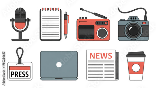 Vintage radio and audio equipment icons with microphones and news symbols
